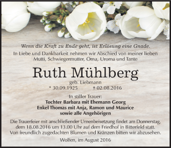 Traueranzeige von Ruth Mühlberg von Mitteldeutsche Zeitung Bitterfeld