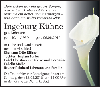 Traueranzeige von Ingeburg Kühne von Mitteldeutsche Zeitung Halle/Saalkreis