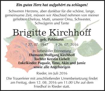 Traueranzeige von Brigitte Kirchhoff von Mitteldeutsche Zeitung Quedlinburg