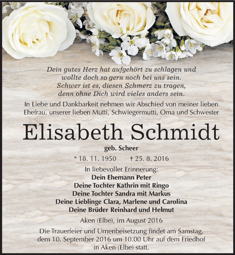  Traueranzeige für Elisabeth Schmidt vom 27.08.2016 aus Mitteldeutsche Zeitung Köthen