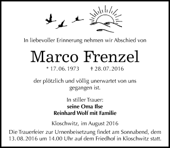 Traueranzeige von Marco Frenzel von Mitteldeutsche Zeitung Halle/Saalkreis