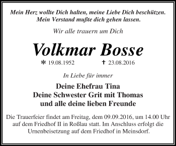 Traueranzeige von Volkmar Bosse von WVG - Wochenspiegel Dessau / Köthen