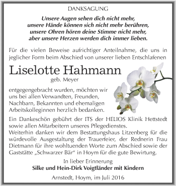 Traueranzeige von Liselotte Hahmann von Wochenspiegel Mansfelder Land