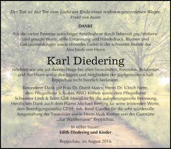 Traueranzeige von Karl Diedering von WVG - Wochenspiegel Dessau / Köthen