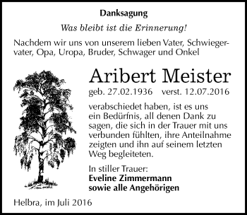 Traueranzeige von Aribert Meister von Mitteldeutsche Zeitung Mansfelder Land
