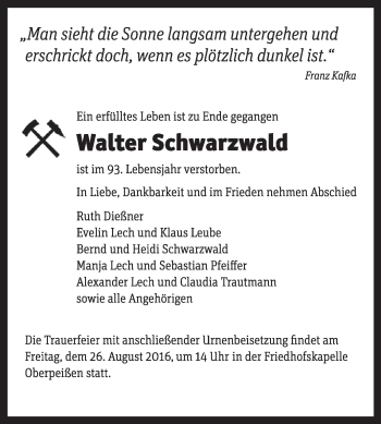 Traueranzeige von Walter Schwarzwald von Super Sonntag Bernburg