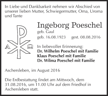 Traueranzeige von Ingeborg Poeschel von Super Sonntag Aschersleben