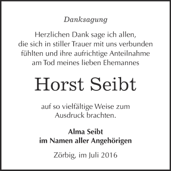 Traueranzeige von Horst Seibt von WVG - Wochenspiegel Bitterfeld
