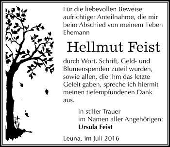 Traueranzeige von Hellmut Feist von Mitteldeutsche Zeitung Weißenfels