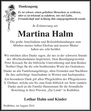 Traueranzeige von Martina Halm von WVG - Wochenspiegel Dessau / Köthen
