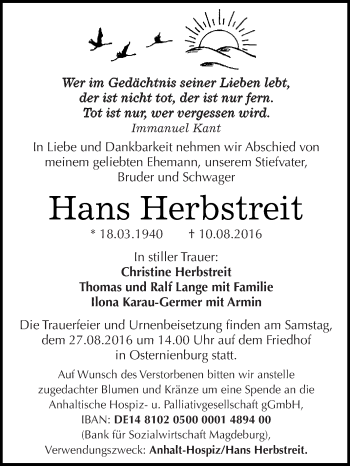 Traueranzeige von Hans Herbstreit von WVG - Wochenspiegel Dessau / Köthen