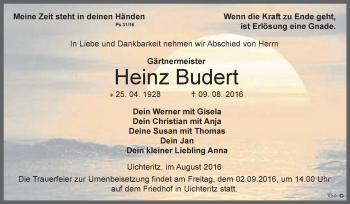 Traueranzeige von Heinz Budert von WVG - Wochenspiegel NMB / WSF / ZTZ