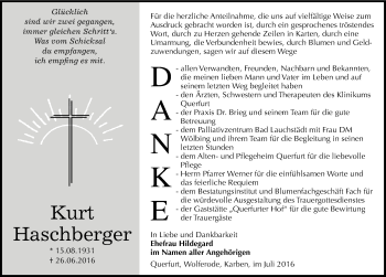 Traueranzeige von Kurt Haschberger von Mitteldeutsche Zeitung Merseburg/Querfurt