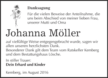 Traueranzeige von Johanna Möller von WVG - Wochenspiegel Wittenberg