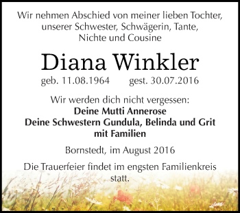 Traueranzeige von Diana Winkler von Super Sonntag SGH Mansf. Land