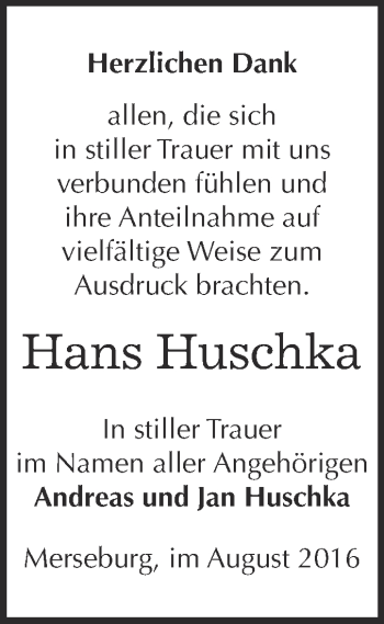 Traueranzeige von Hans Huschka von Super Sonntag Merseburg