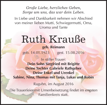 Traueranzeige von Ruth Krauße von Mitteldeutsche Zeitung Bitterfeld