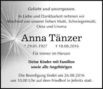 Traueranzeige von Anna Tänzer von Mitteldeutsche Zeitung Bitterfeld