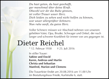 Traueranzeige von Dieter Reichel von WVG - Wochenspiegel Dessau / Köthen
