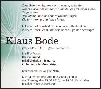 Traueranzeige von Klaus Bode von WVG - Wochenspiegel Merseburg