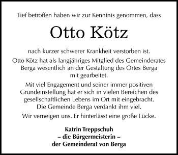 Traueranzeige von Otto Kötz von Mitteldeutsche Zeitung Sangerhausen