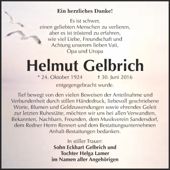 Traueranzeige von Helmut Gelbrich von WVG - Wochenspiegel Bitterfeld