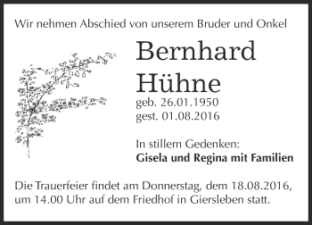Traueranzeige von Bernhard Hühne von Super Sonntag Aschersleben