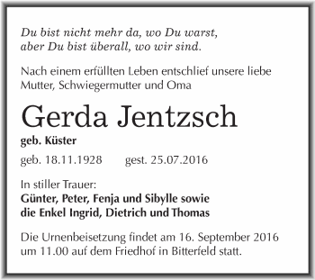 Traueranzeige von Gerda Jentzsch von WVG - Wochenspiegel Bitterfeld