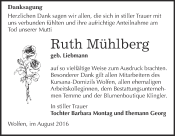 Traueranzeige von Ruth Mühlberg von WVG - Wochenspiegel Bitterfeld