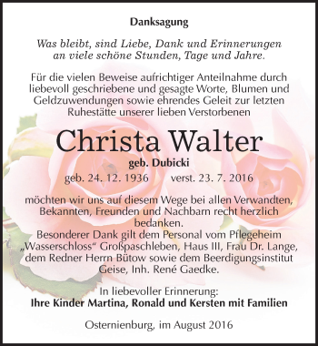 Traueranzeige von Christa Walter von Mitteldeutsche Zeitung Köthen