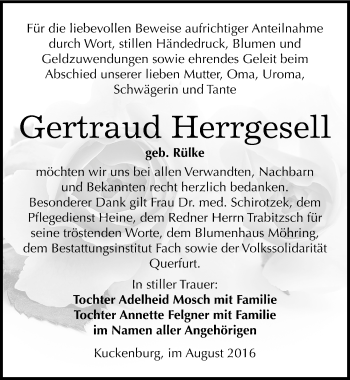 Traueranzeige von Gertraud Herrgesell von Mitteldeutsche Zeitung Merseburg/Querfurt