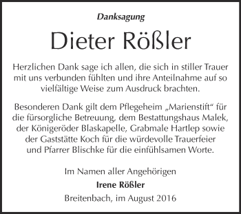 Traueranzeige von Dieter Rößler von Wochenspiegel Mansfelder Land