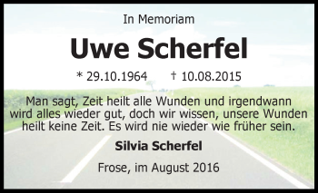 Traueranzeige von Uwe Scherfel von Super Sonntag Aschersleben