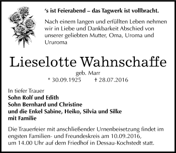 Traueranzeige von Lieselotte Wahnschaffe von Mitteldeutsche Zeitung Dessau-Roßlau