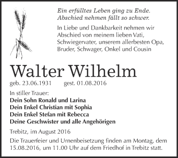 Traueranzeige von Walter Wilhelm von WVG - Wochenspiegel Wittenberg