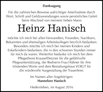 Traueranzeige von Heinz Hanisch von Super Sonntag SGH Mansf. Land