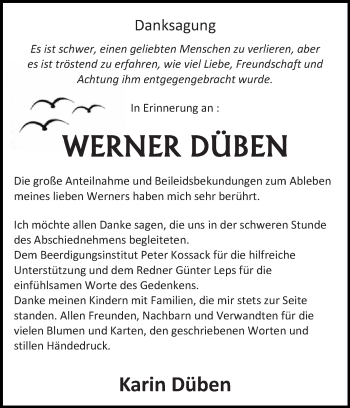 Traueranzeige von Werner Düben von WVG - Wochenspiegel Dessau / Köthen