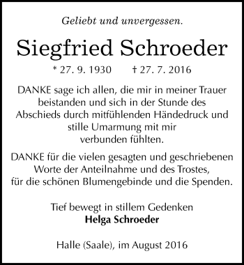 Traueranzeige von Siegfried Schroeder von Mitteldeutsche Zeitung Halle/Saalkreis
