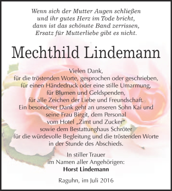 Traueranzeige von Mechthild Lindemann von WVG - Wochenspiegel Bitterfeld