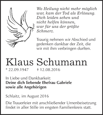 Traueranzeige von Klaus Schumann von WVG - Wochenspiegel Bitterfeld