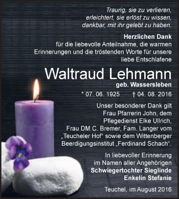 Traueranzeige von Waltraud Lehmann von WVG - Wochenspiegel Wittenberg