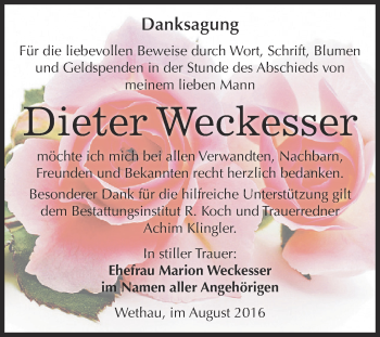 Traueranzeige von Dieter Weckesser von WVG - Wochenspiegel NMB / WSF / ZTZ