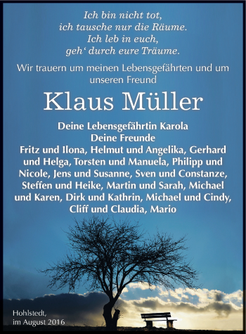 Traueranzeige von Klaus Müller von Mitteldeutsche Zeitung Sangerhausen