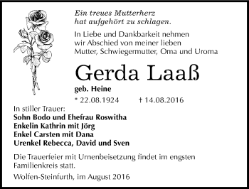 Traueranzeige von Gerda Laaß von Mitteldeutsche Zeitung Bitterfeld