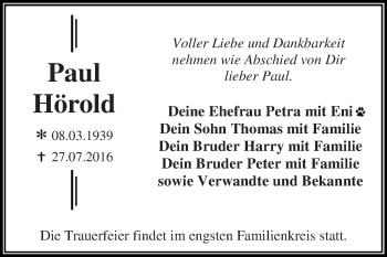 Traueranzeige von Paul Hörold von WVG - Wochenspiegel Dessau / Köthen