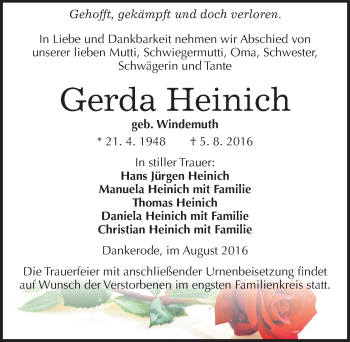 Traueranzeige von Gerda Heinich von Mitteldeutsche Zeitung Quedlinburg