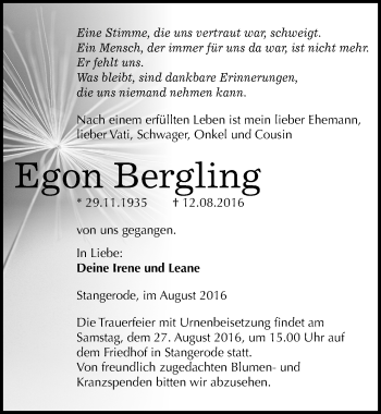 Traueranzeige von Egon Bergling von Mitteldeutsche Zeitung Mansfelder Land
