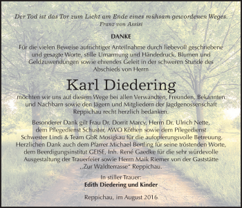 Traueranzeige von Karl Diedering von Mitteldeutsche Zeitung Köthen