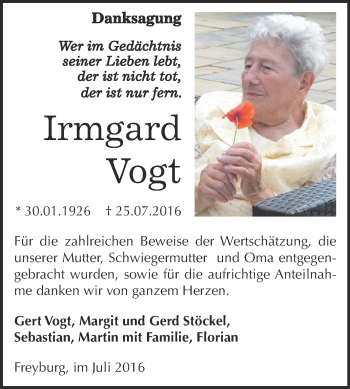 Traueranzeige von Irmgard Vogt von WVG - Wochenspiegel NMB / WSF / ZTZ