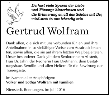 Traueranzeige von Gertrud Wolfram von Mitteldeutsche Zeitung Sangerhausen